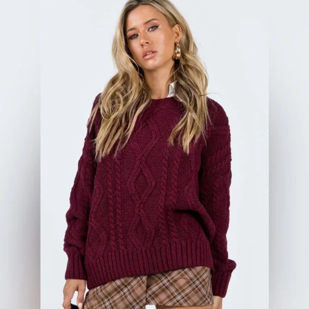 Princess Polly Oversized Cable Knit Sweater Burgundy S/M NWOT Cozy Slouchy